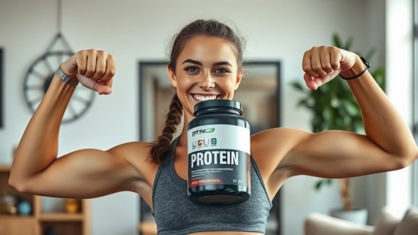 Athletic woman with protein for muscle maintenance, smiling indoors.