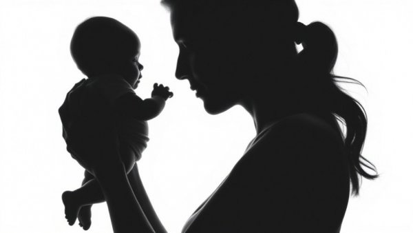 Silhouette of mother holding baby, representing maternal bond and affection.
