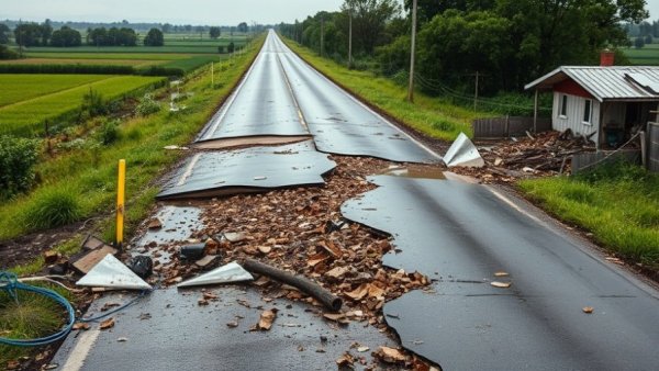 Damaged road in Travis County highlighting disaster impact.