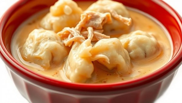 Creamy chicken and dumplings in a red bowl at DQ.