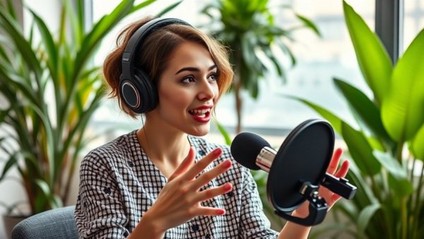 Female podcaster speaking in studio with green plants, suggesting foods that support fertility.