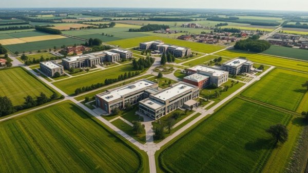 Aerial view of modern campus showcasing buildings and greenery, reflecting Texas State Technical College funding.