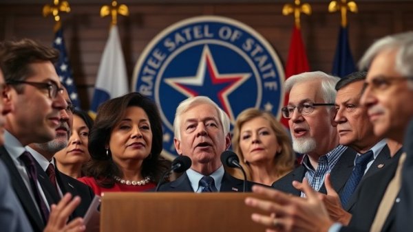 Texas political leaders delivering a speech during 2025 elections backdrop.