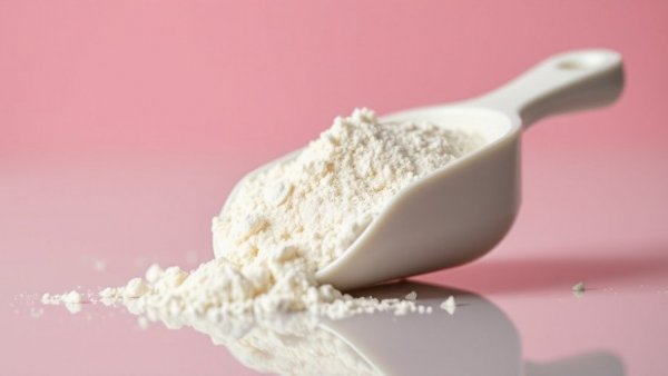 Close-up of bovine colostrum supplement powder in scoop.