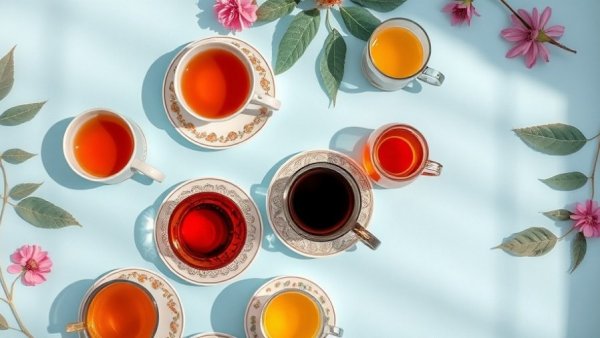Elegant drink assortment with vintage cups on pastel backdrop for daily longevity.