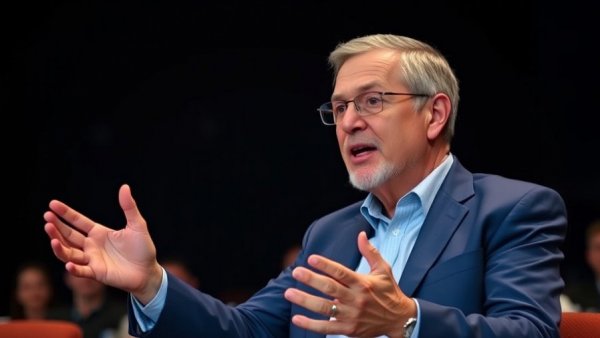 Discussion on presidential tariff authority featuring a person in a blue blazer.