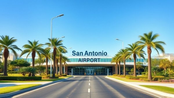 San Antonio airport entrance with palm trees and blue sky.