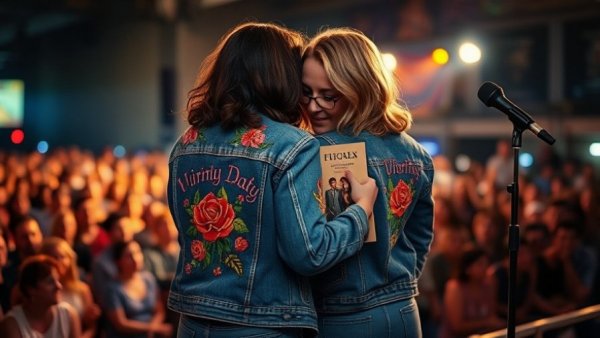 Two people on stage at KUT Festival Austin 2026, embracing with book.
