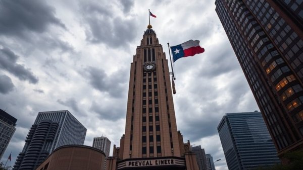 Houston municipal building against dramatic cloudy sky.
