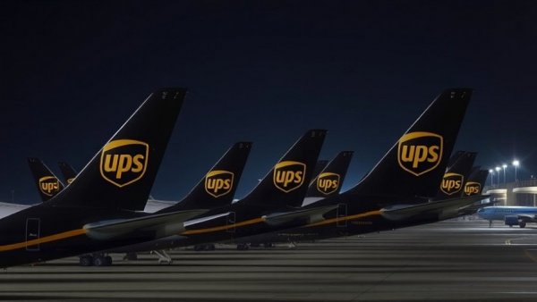 UPS planes with tails visible grounded at night.