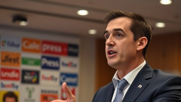 Confident speaker discussing flight cancellations at conference