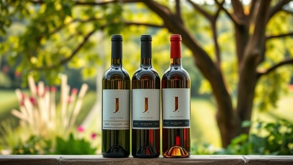 Trio of wine bottles on a wooden table in a garden setting, U.S. wine industry tariffs impact.