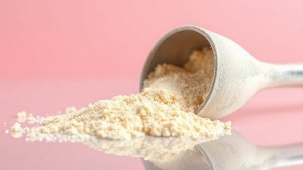 Colostrum powder close-up showcasing supplement benefits on a reflective surface.