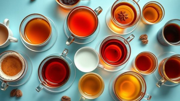 Assorted teas and beverages on pastel blue surface, vibrant lighting.