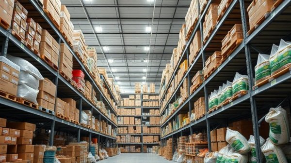 Organized food bank warehouse shelves with stocked supplies in Texas.
