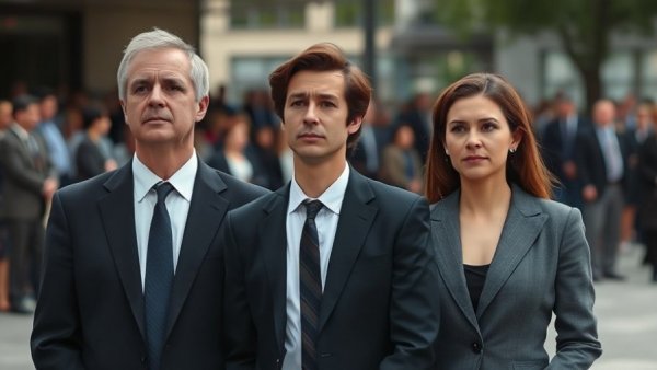 Three solemn individuals in formal attire during an outdoor event.