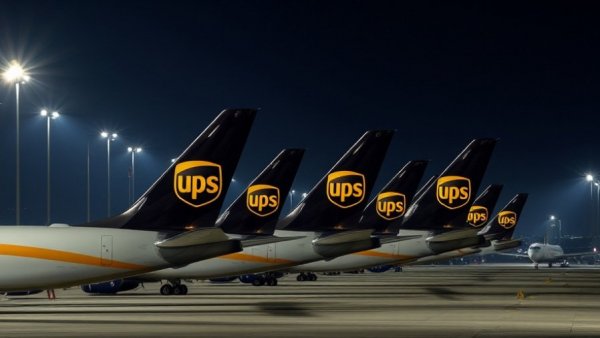 UPS cargo planes grounded at night on airport tarmac.