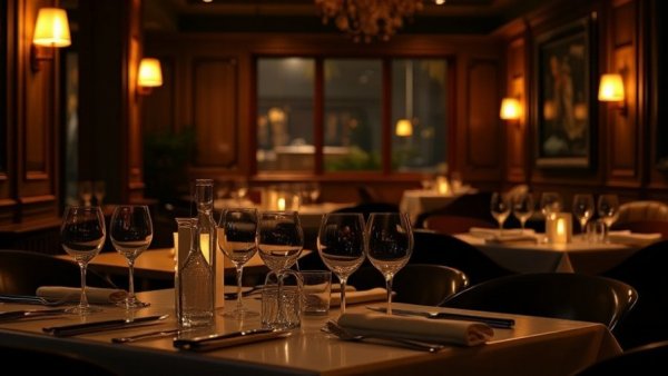 Elegant restaurant setting with dim lighting and set tables in Dallas.