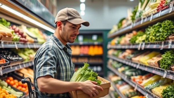 Shopper selecting lettuce in a Texas grocery store with shelves of produce visible.