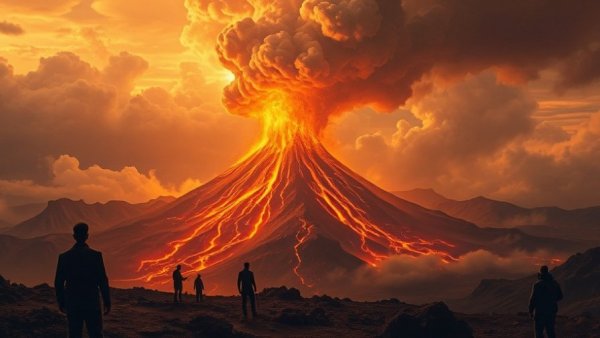 Historical painting of a volcanic eruption with observers, fiery lava.