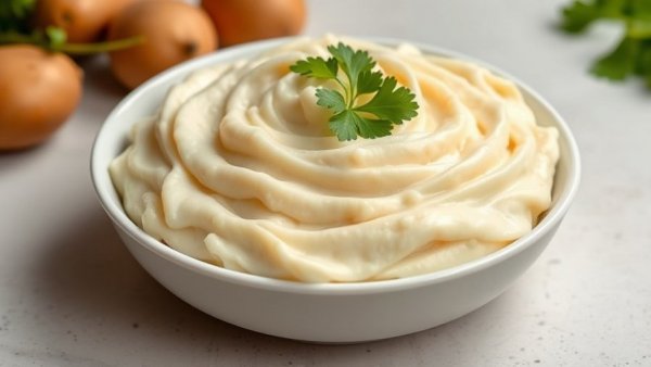 Delicious and fluffy healthy mashed potatoes recipe in a white bowl.
