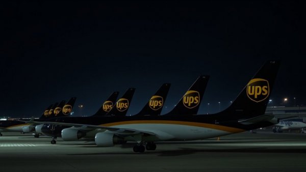 MD-11 cargo planes grounded, UPS cargo planes parked at night.