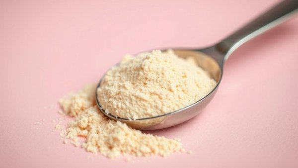 Close-up of bovine colostrum supplement powder on scoop.