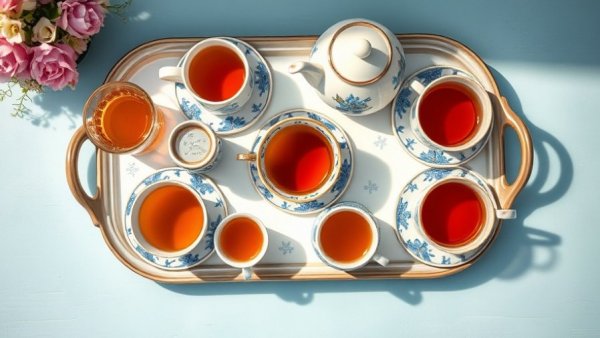 Elegant tea cups and drinks arranged for health and wellness.