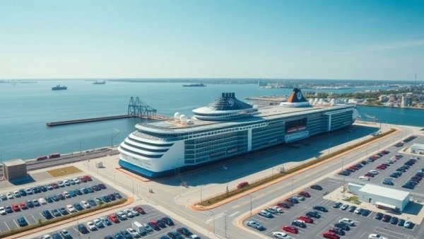 Aerial view of Galveston cruise terminal against a river and cityscape backdrop.