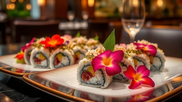 Best Sushi in Pasadena Texas: Vibrant sushi rolls with floral decor.