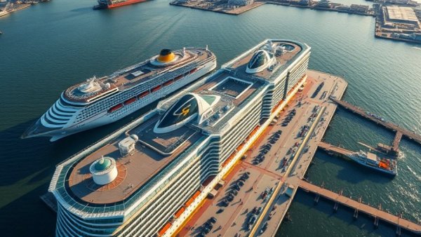 Aerial view of Galveston cruise terminal opening with harbor scenery.