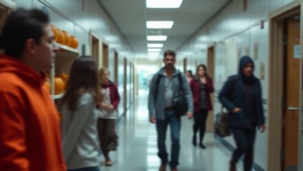 School hallway scene with blurred figures and pumpkins on shelves.