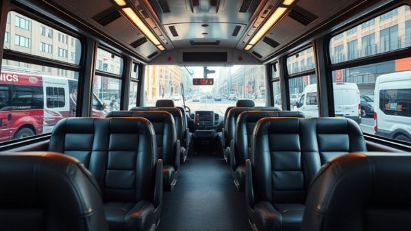 Sleek modern bus interior with luxury leather seats, wide-angle.
