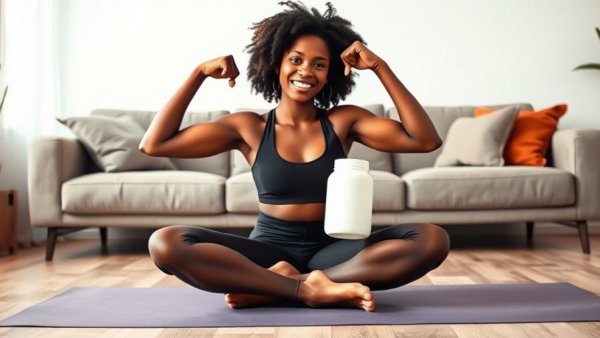 Woman flexing muscle with protein jar for muscle mass maintenance