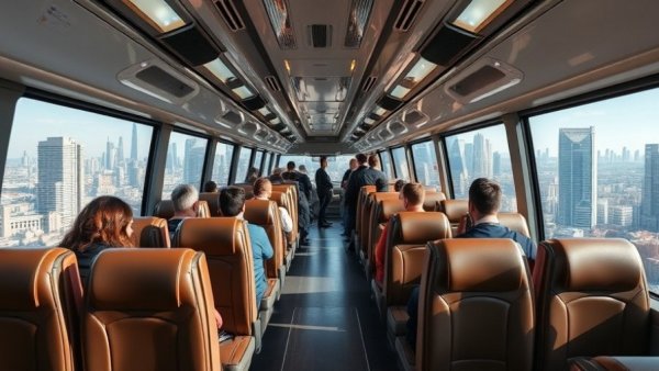 Interior of a modern bus, showcasing luxury seating and city views, Texas bus company sees 31% jump in business.