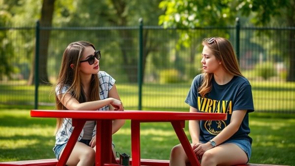 Two women discuss at a picnic table in a San Antonio park, daylight.