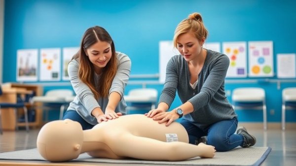 Women learn how to do CPR on a mannequin in a classroom.