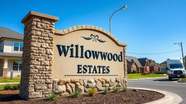 Entrance sign for Willowwood Estates in San Antonio, sunny day