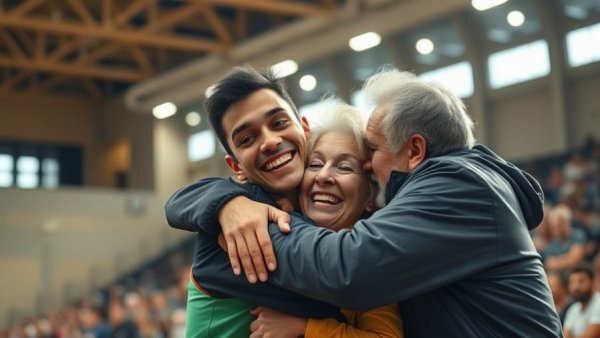 Emotional family reunion at sports event, showcasing celebration moments in sports.