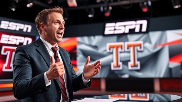 Enthusiastic sports broadcaster discussing game highlights at Texas Tech.