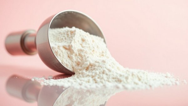 Bovine colostrum supplement powder in a scoop against a pink background.