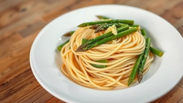 Asparagus Pasta with Lemon zest on a white plate, wooden table background.