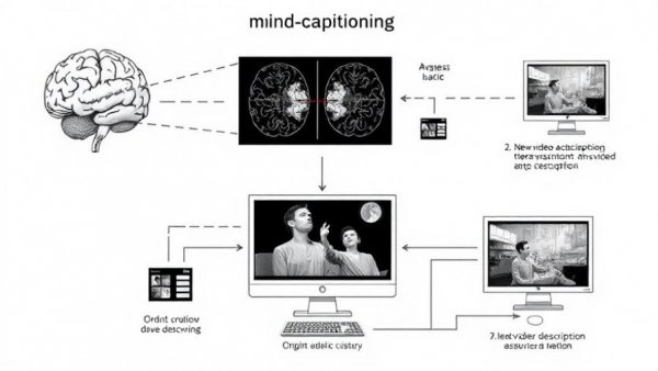 Mind-captioning technology schematic illustration showing brain activity analysis and video description synthesis.