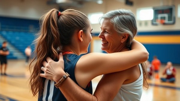 Emotional moment as family reunites with athlete in sports setting.