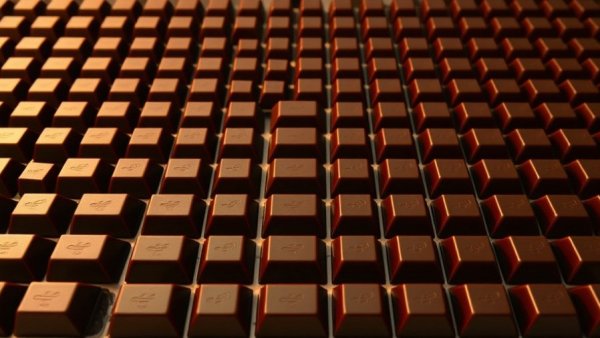 Symmetrical rows of dark chocolates arranged neatly.