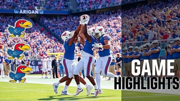 Kansas vs Arizona Game Highlights with players celebrating on the field.