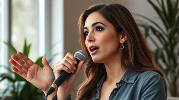 Woman discussing IVF industry ethics on a podcast.