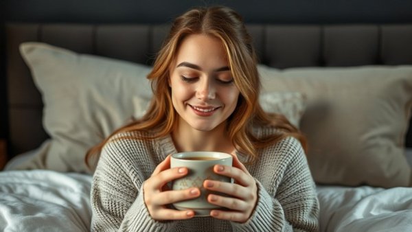 Serene young woman savoring coffee, exemplifying tranquility, mental health for seniors.