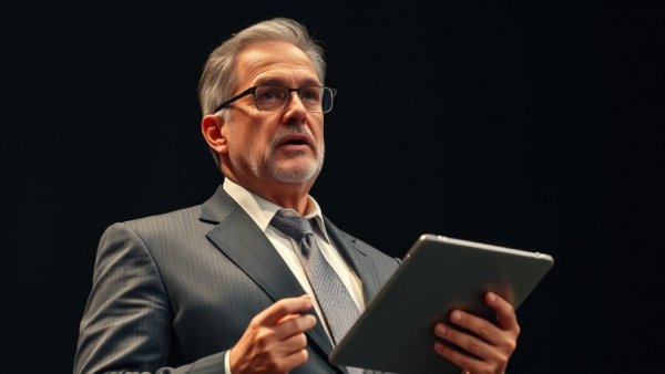 Texas Ten Commandments in Schools: Formal speaker holding a tablet, dark background.