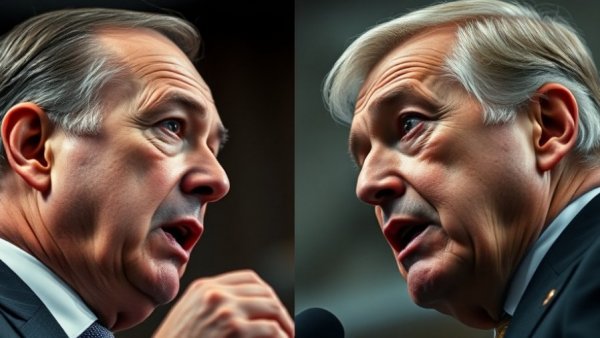 Prominent figures in heated political debate, serious expressions.